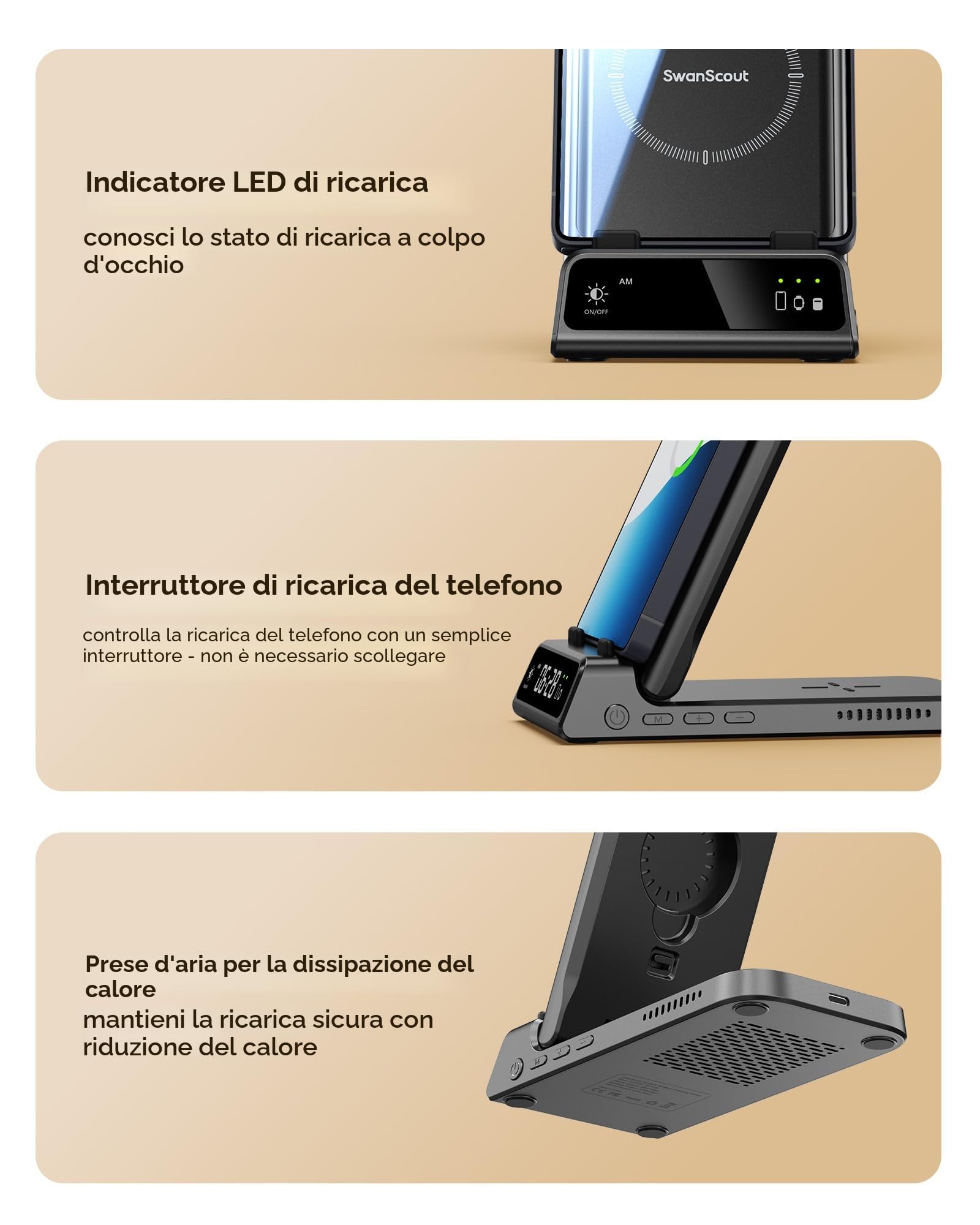 3 in 1 Caricatore Wireless per Samsung S26 Ultra, Stazione di Ricarica per Samsung S26/S25/S24, Base di Ricarica per Galaxy Watch 8/8 Classic/Ultra/7/6, Galaxy Buds 4 Pro, SwanScout 703S (No Adapter) | Pieghevole per i viaggi, funziona su comodino o scriv