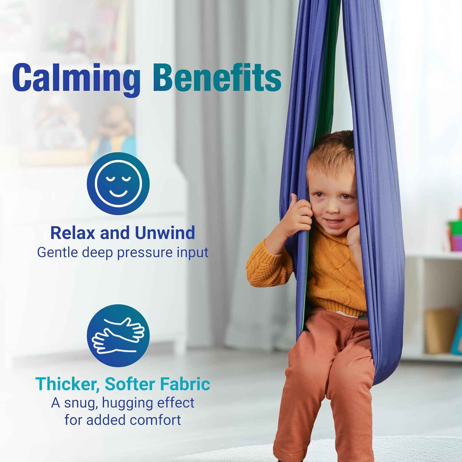 Sensory Swing for Kids Navy/Green | Indoor Swing for Kids Made with Soft & Durable Polyester | Includes Carabiner & Screws for Easy Installation | Suitable for Sensory Activities