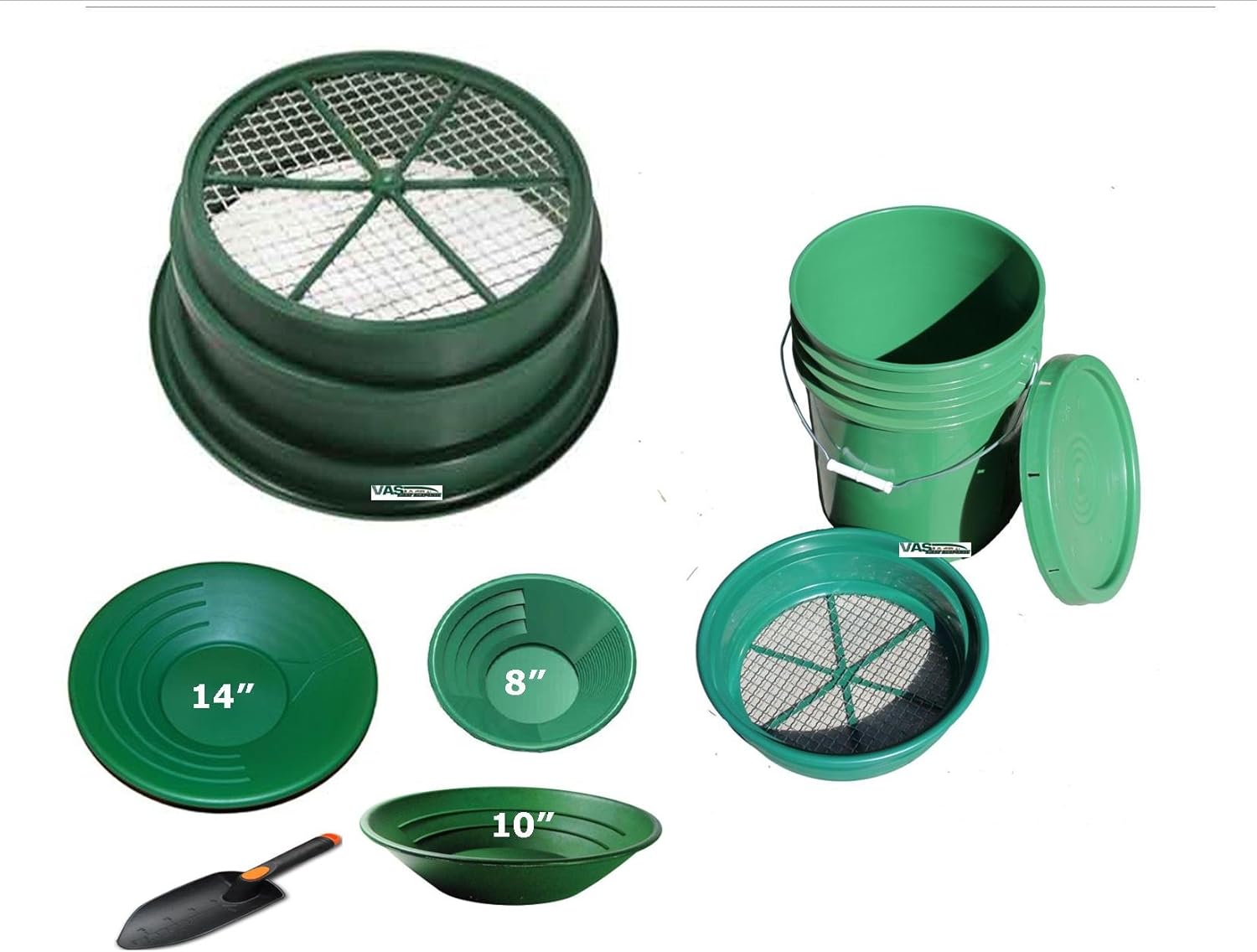 VAS GOLD PANNING 1/4" CLASSIFIER / SIFTER W 3 GOLD PANS & 5 GALLON