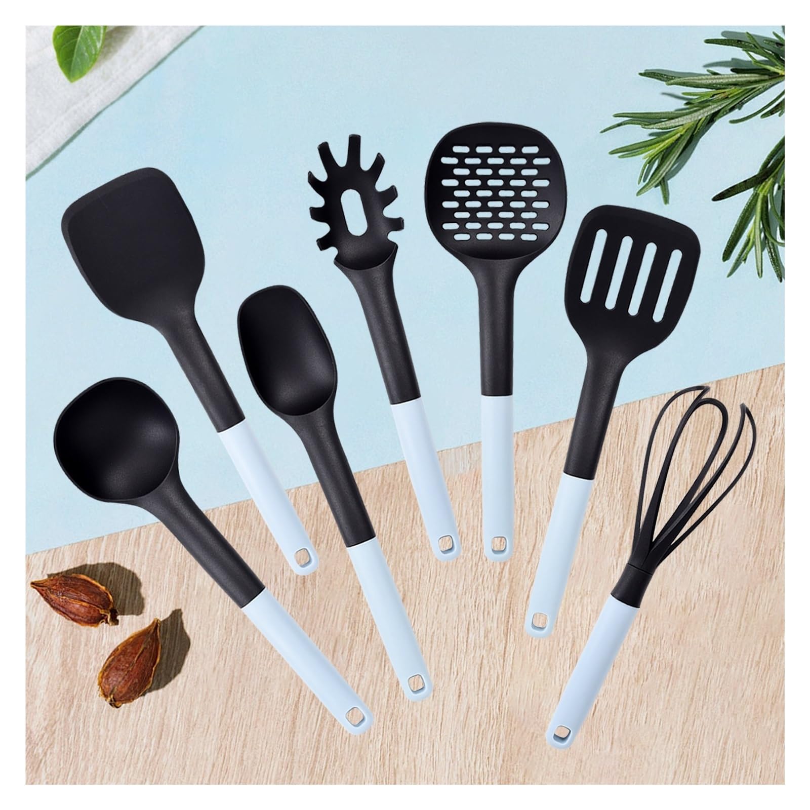 Generico Set di Utensili da Cucina, Silicone da 7 Pezzi con spatola Antiaderente con Manico in Legno di faggio Resistente al Calore(7pcs-A)