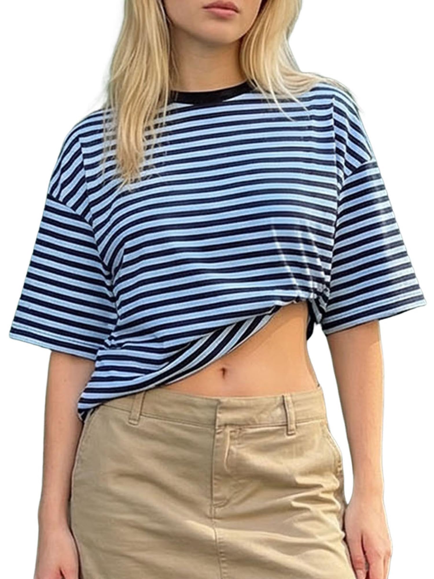 Anuedgis Women Oversized T Shirt Casual Drop Shoulder Loose Fit Stripe Top (A-Blue, M)