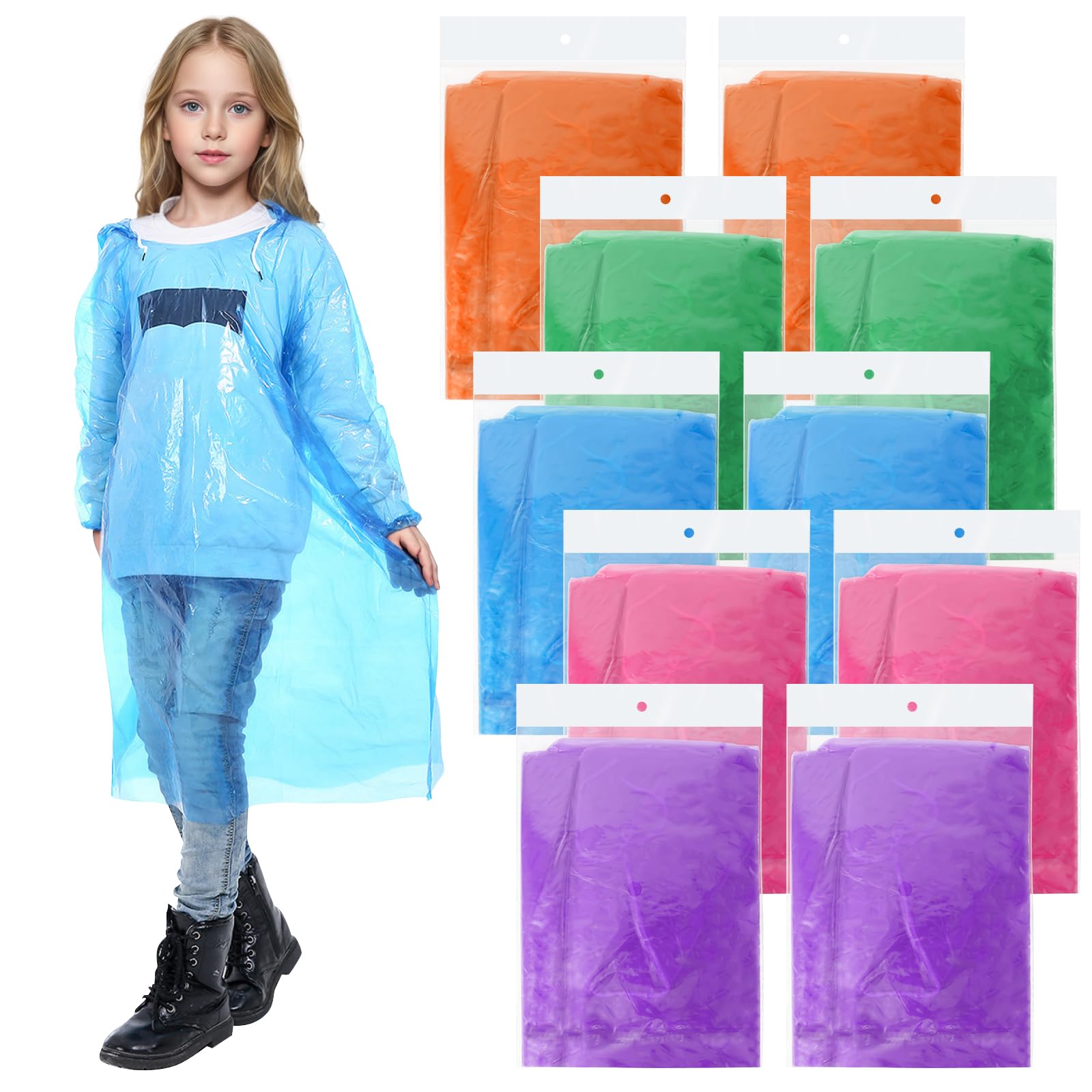 Zocone Unisex Kids Multicolor 10 Pack Rain Poncho Disposable Kids Waterproof Rain Cape For Children Boys Girls, Portable Disposable Raincoat Rain Cover Kids Emergency Ponchos For Travel Festivals Rainy Season, 5 Colors