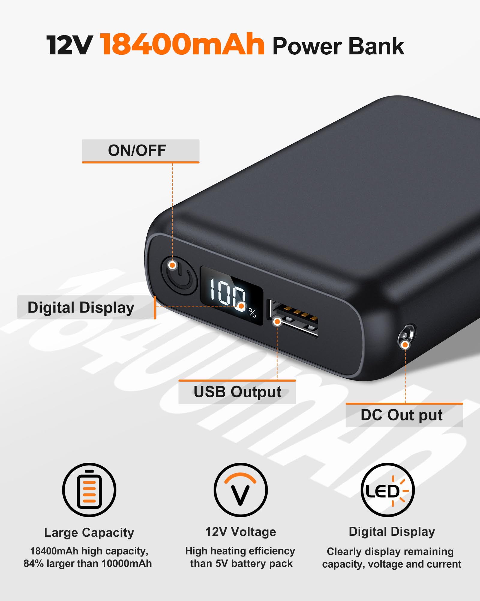 Batterie 18400 MAh Pour Gilet Chauffant - Charge Rapide 12V/5V, écran