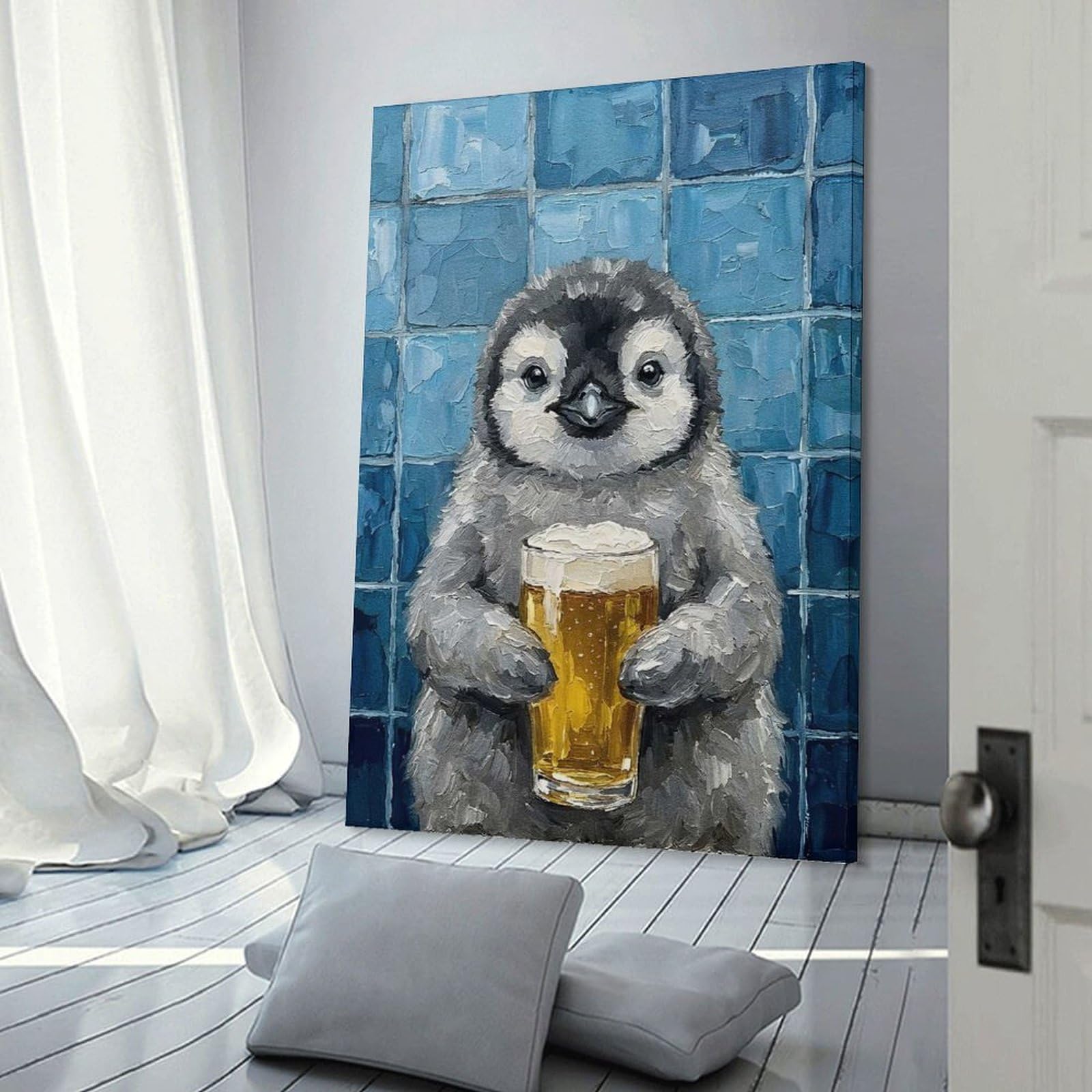 Junmoney Frame-Style-11-1 Penguin With Beer Painting Wall Art Print, 24X36inch(60X90cm), For Corridors, Hallways Or Apartment Entries, Wall Decor To Refresh Empty Corners