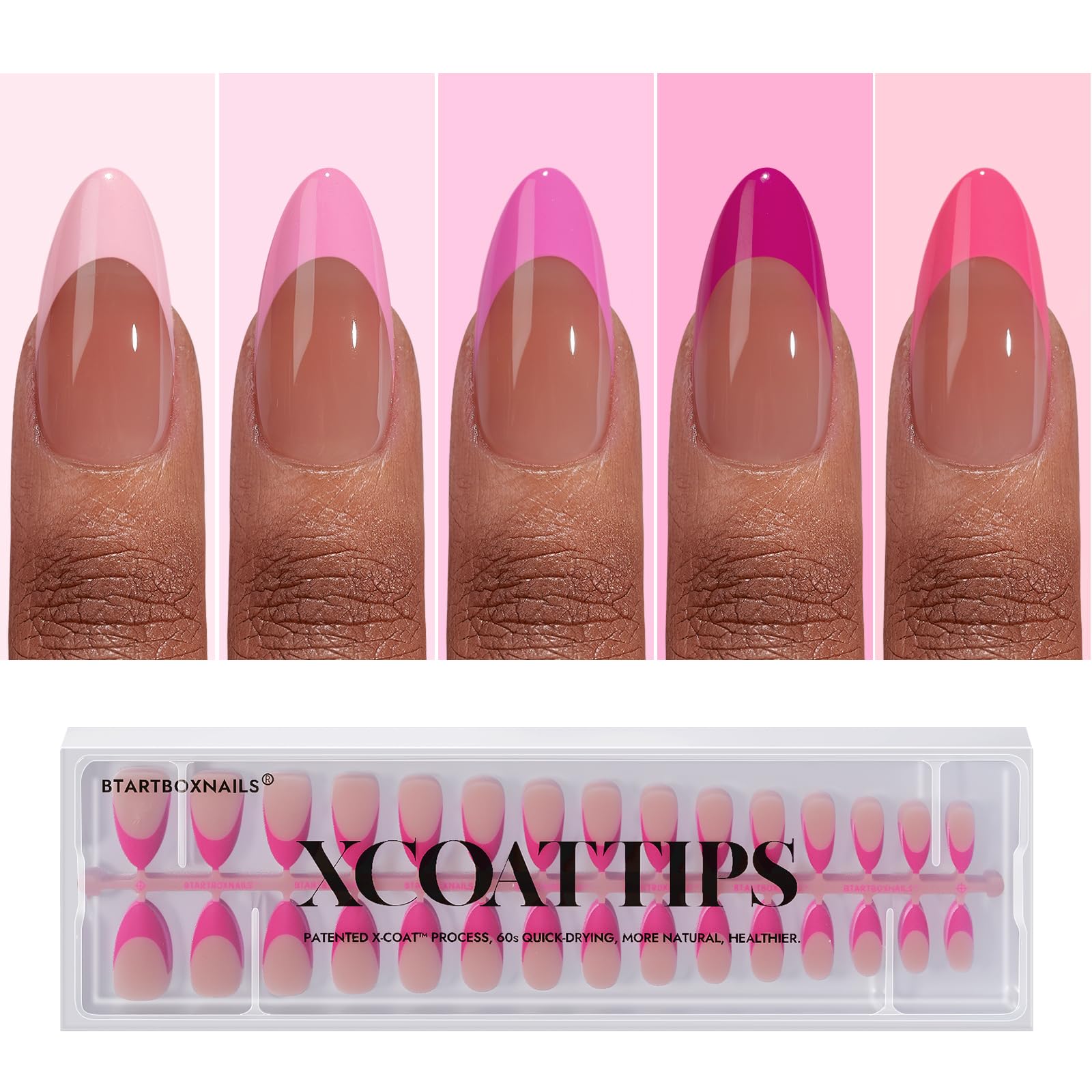 BTArtboxnails XCOATTIPS Pink French Tip Press On Nails - Almond Press On Nails Medium, Soft Gel Nail Tips, Soak Off Brown Acrylic Fake Nail Extension in 15 Sizes