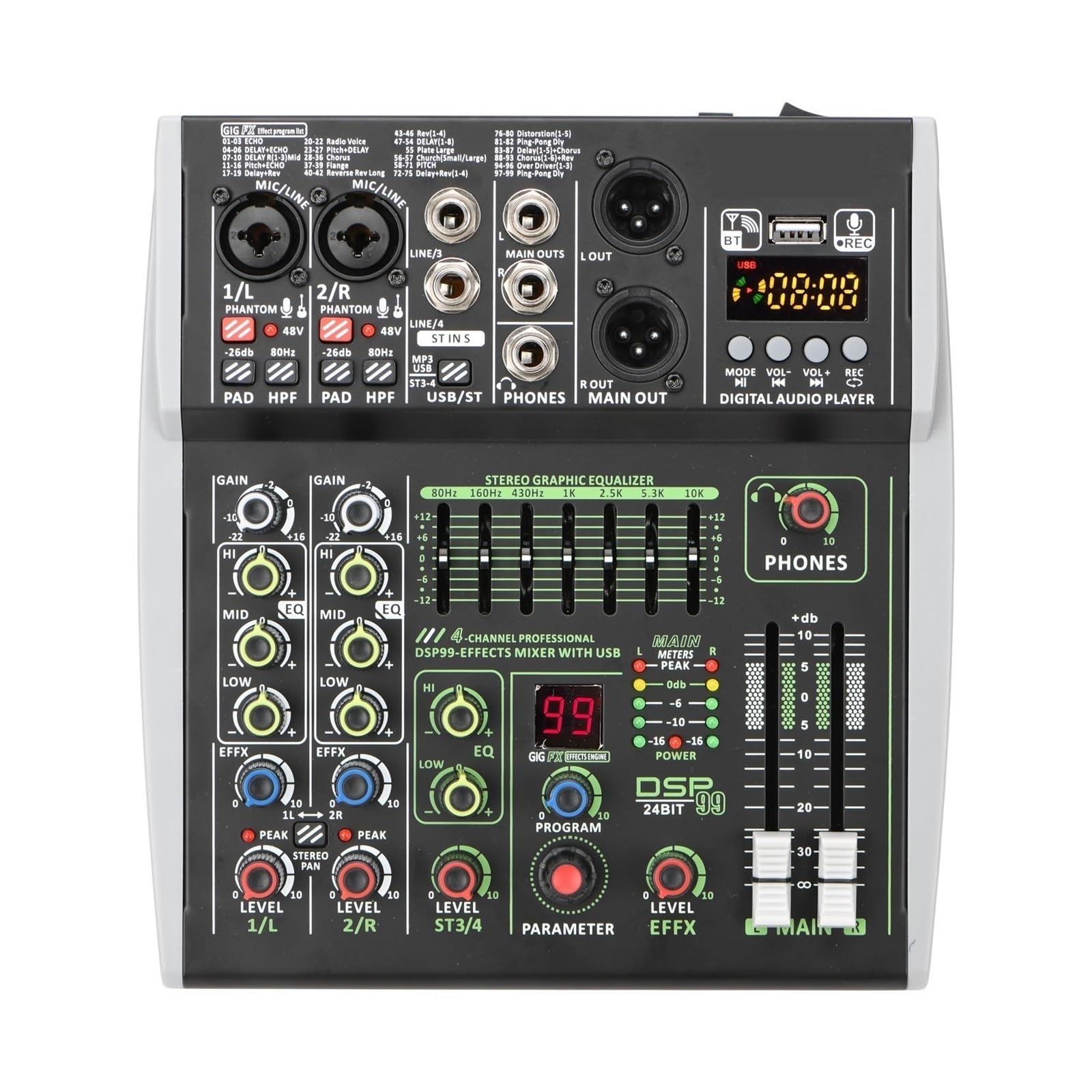 Mezclador de audio, Mezclador de audio 4/6 canales, alimentación fantasma individual 48 V, E 99 efectos DSP, USB, reproducción ordenador, grabación poasts(6 channel)