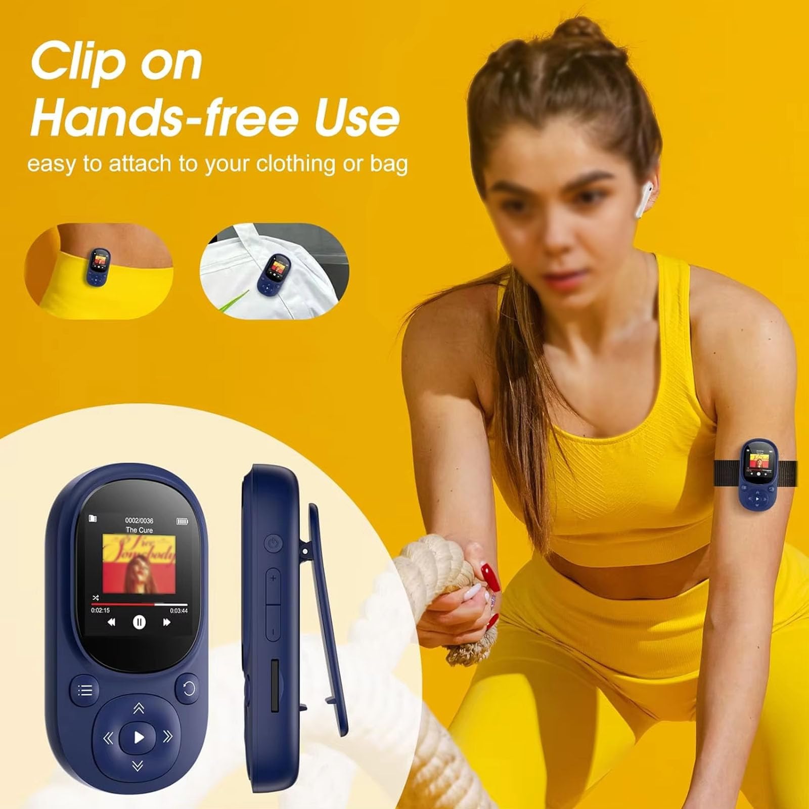 Reproductor MP3 Clip de 64 GB con Bluetooth, mini reproductor de música de alta fidelidad sin pérdidas | Pantalla de 1,5", ampliable a 128 GB, radio FM, eBook, podómetro | Ligero (96 g) | Running,64GB
