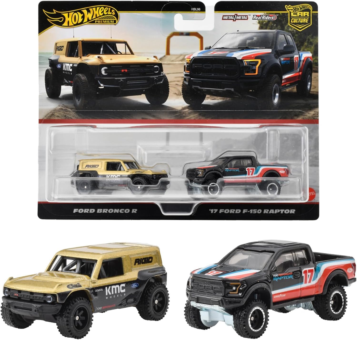 Hot Wheels HRR77 Premium 2 Pack Ford Bronco R/'17 Ford F-150 Raptor Vehicle Toy Minicar 3 Years Old and Up Multi