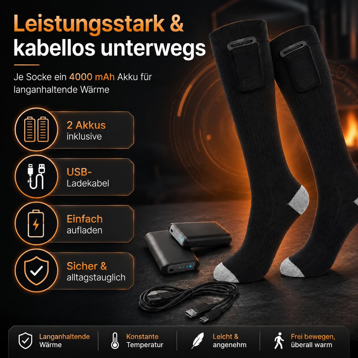 Elektrisch beheizte Socken mit 4000 mAh Akku je Socke, Unisex Wintersocken mit 3 Heizstufen, waschbar, für Outdoor, Skifahren, Wandern, kalte Füße, Geschenkbox