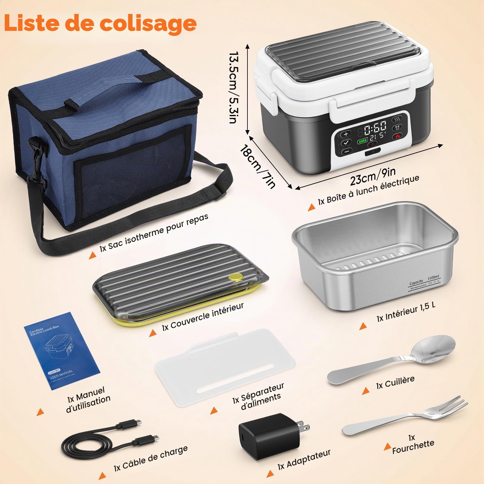 Gamelle Chauffante, 1.5L Intelligente Boîte à Lunch Chauffante avec écran Tactile, Boîte à Lunch Chauffante Sans Fil avec Vaisselle en Acier Inoxydable et Sac Isotherme, Idéale pour le Bureau
