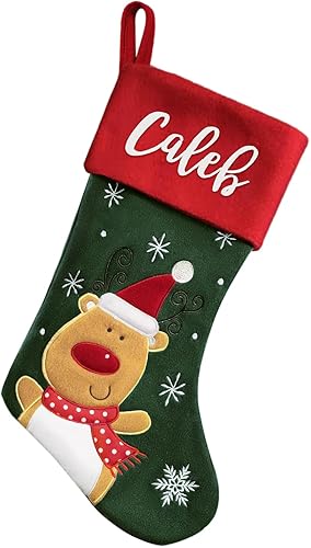 Vista 10 de Dreamdecor Medias de Navidad personalizadas con nombre, 17.3 pulgadas, calcetines colgantes de Navidad a cuadros grandes con ciervo, Papá Noel