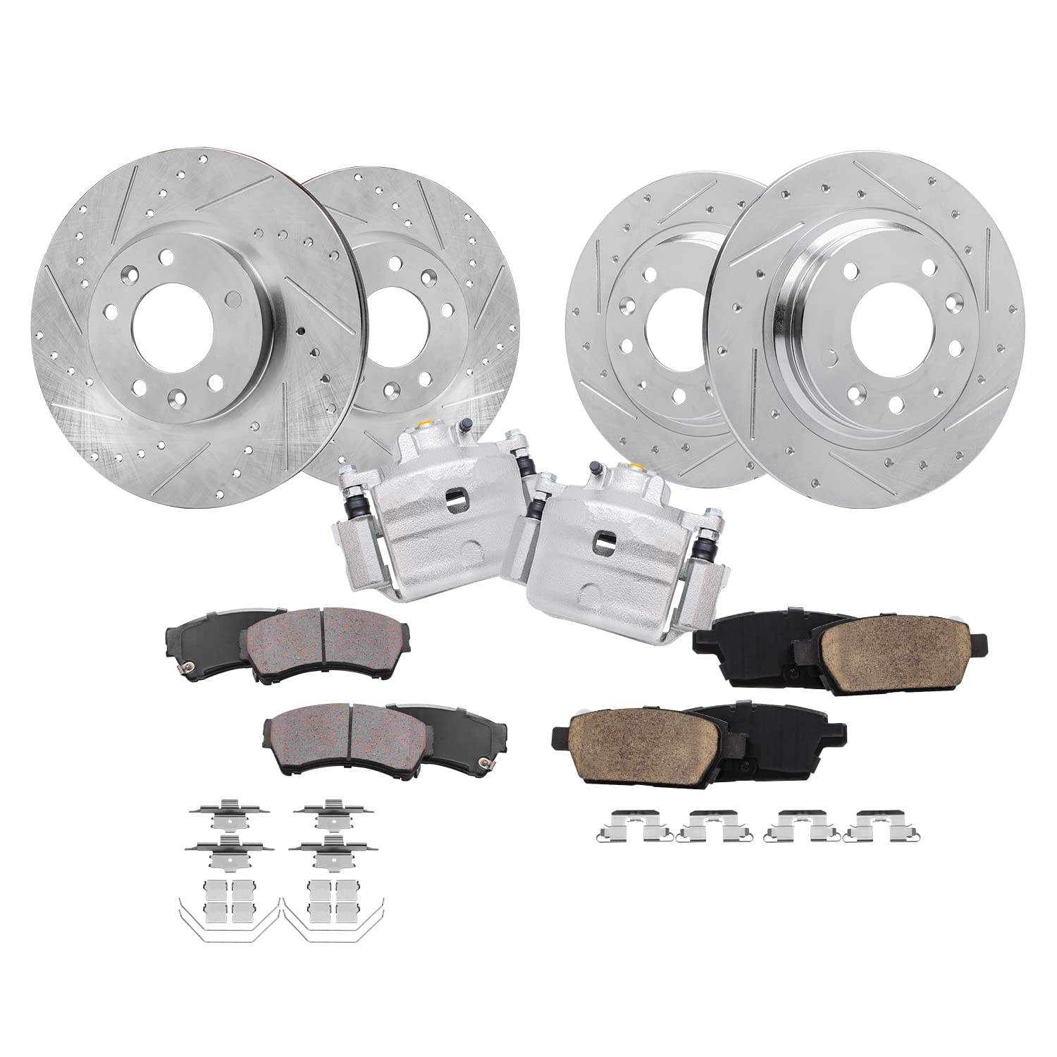 Detroit Axle - Brake Kit for Ford Fusion Lincoln Zephyr Mazda 6 | Mercury Milan, Front Brake Calipers, 11.77'' inch Front &amp; 11.02'' inch Rear Drilled Slotted Brake Rotors Ceramic Brake Pads