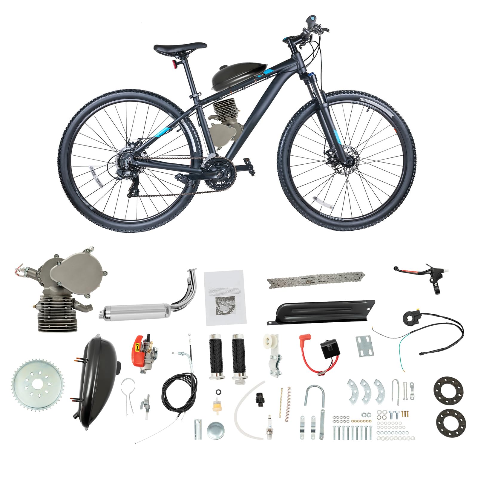 110CC 2 Stroke Bicycle Engine Kit, Motorized Bike Engine Kit Gasoline Powered Engine Motor Kit with CDI System Air Cooling Bicycle Motor Kit Gas Motor Bike Kit for 26" /28" Bikes (Silver)