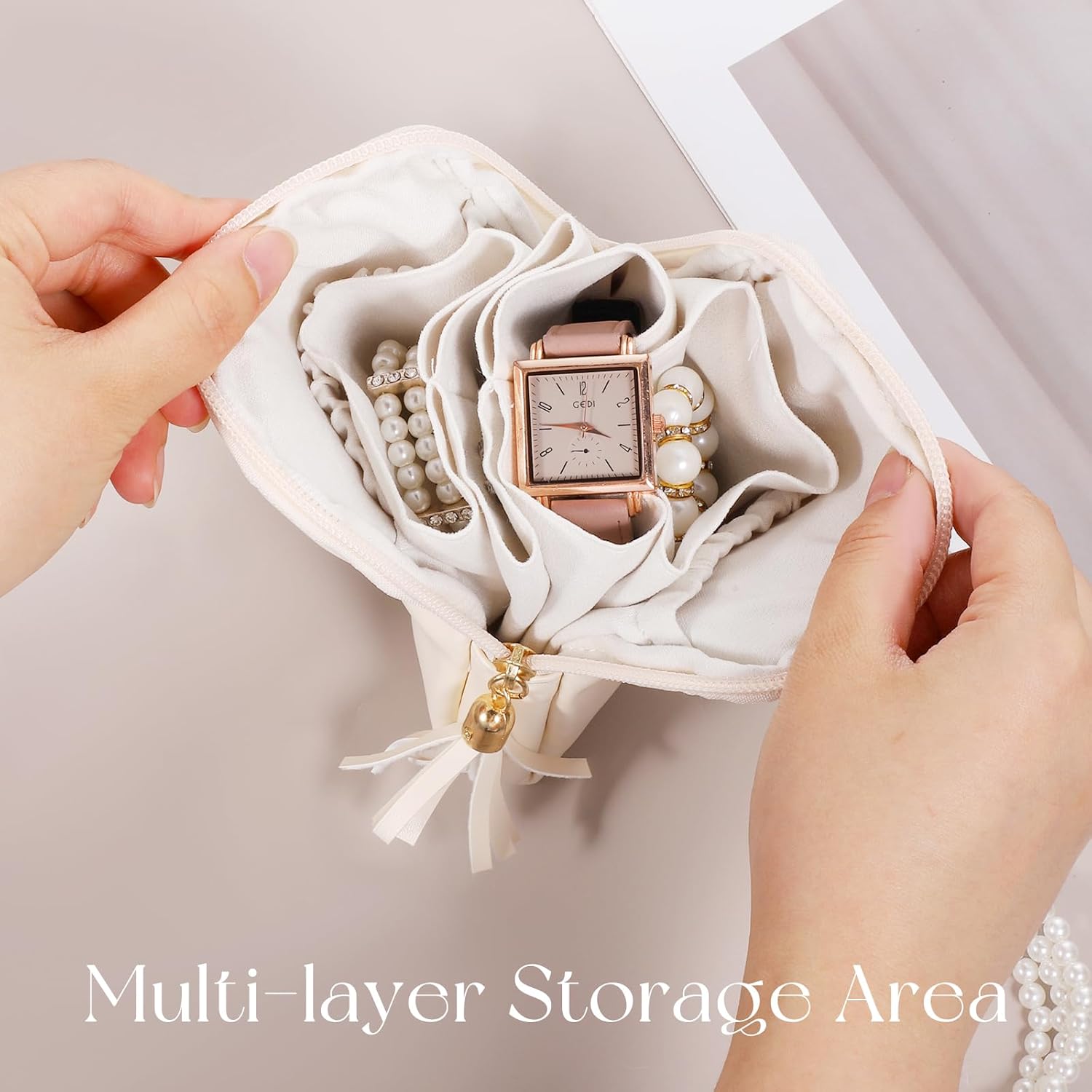 Jewelry Pouch with Zipper, Small Travel Jewelry Case, Velvet Small Jewelry Organizer, Portable Mini Travel Jewelry Bag for Bracelet Rings Earring-Cream White - Image 4