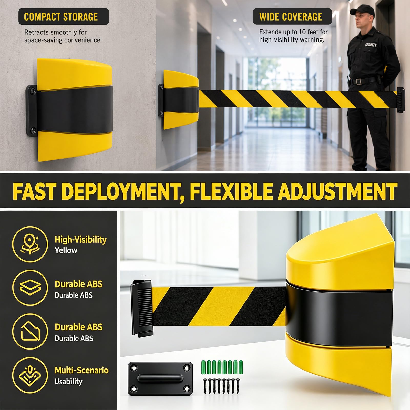 Nastro di sicurezza estensibile da 5 m, per montaggio a parete, con alloggiamento in ABS, nastro di sicurezza giallo-nero per code, guida personale e controllo degli accessi (giallo e nero)