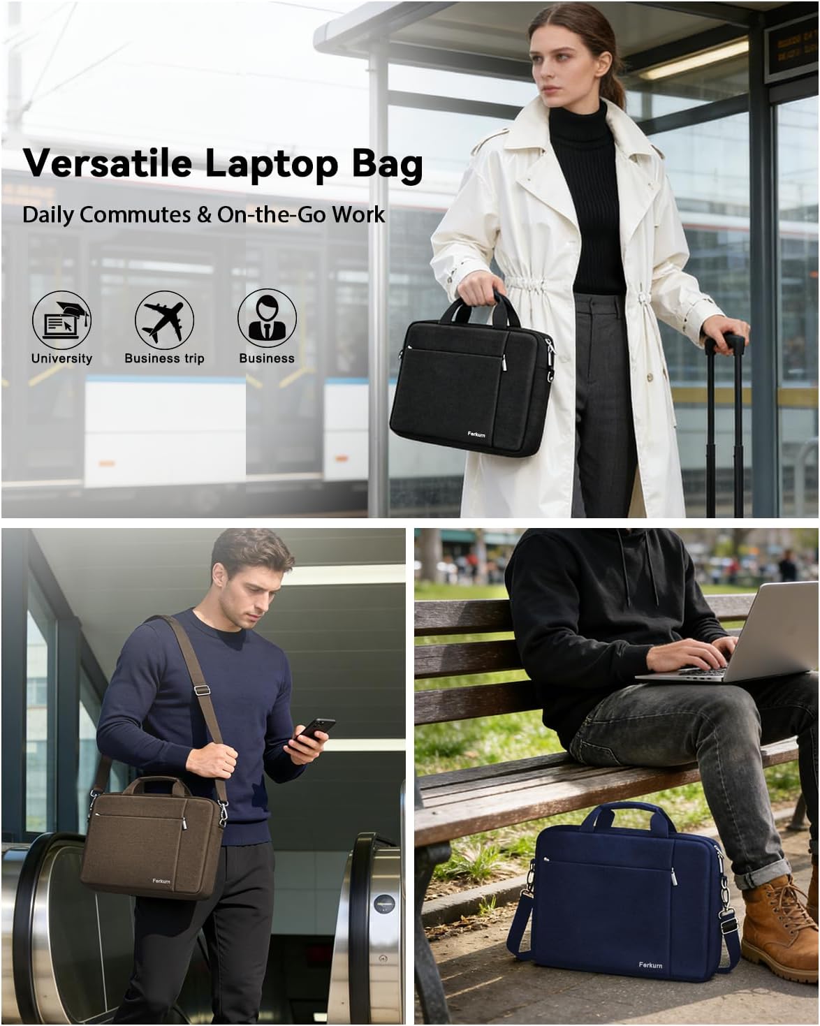 Ferkurn Laptop Bag Case for Women Men Computer Bag Compatible with HP Envy Pavilion Omen/LG Gram/MSI/Dell Inspiron XPS/Lenovo/Acer, Shoulder Strap Carrying Messenger Briefcase, Black, 17 17.3 Inch