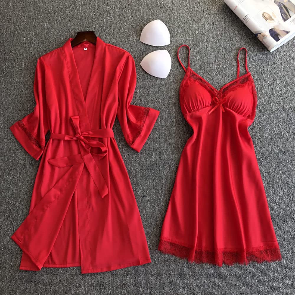 Accappatoio Donna,2 Pezzi Set Accappatoio In Raso Camicia Da Notte Sexy Pizzo Scollo A V Pigiama Fionda Kimono Vestaglia Con Cintura Abito Leggero Camicia Da Notte Vestaglia Sposa Bademantel Damen,R