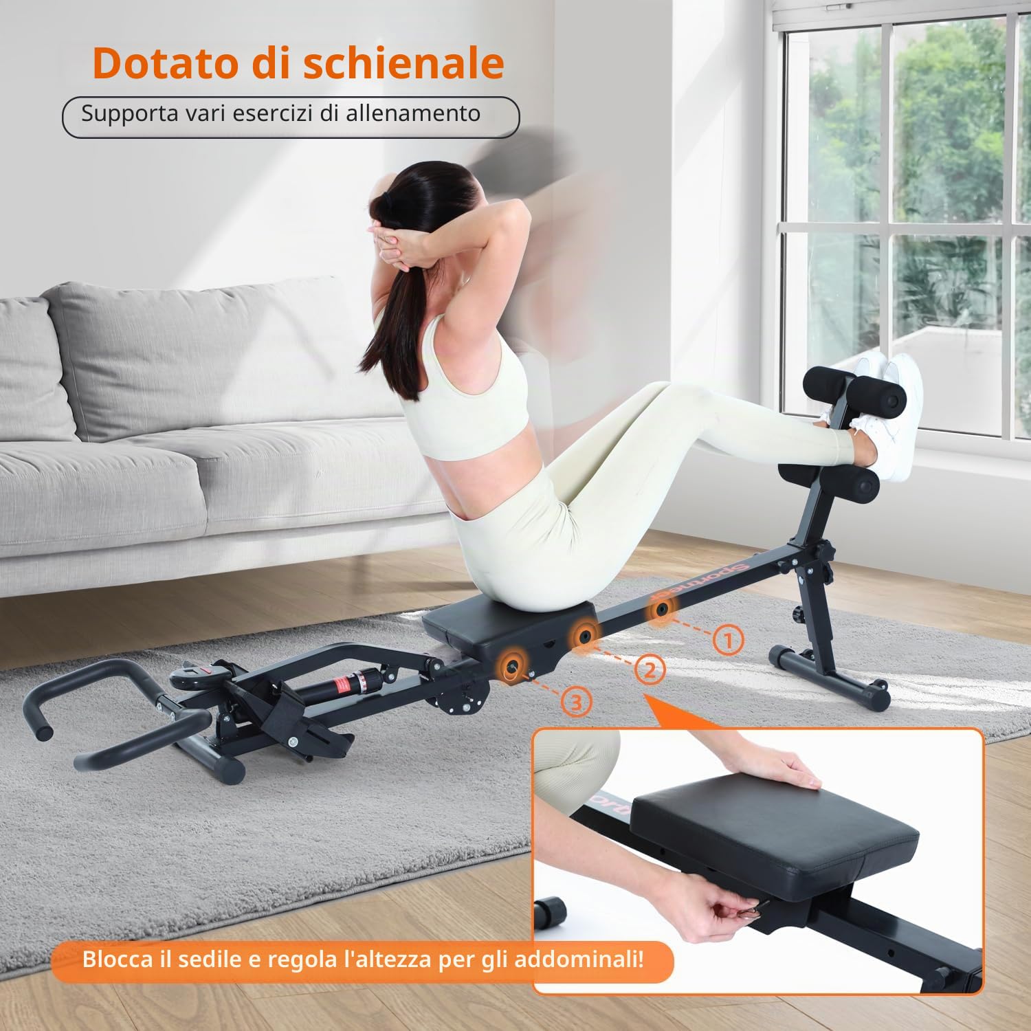vogatore per casa, sportneer idraulico, pieghevole, con 12 livelli di resistenza, attrezzo fitness per casa, allenamento addominale con impugnatura a U e schienale, portata fino a 135 kg