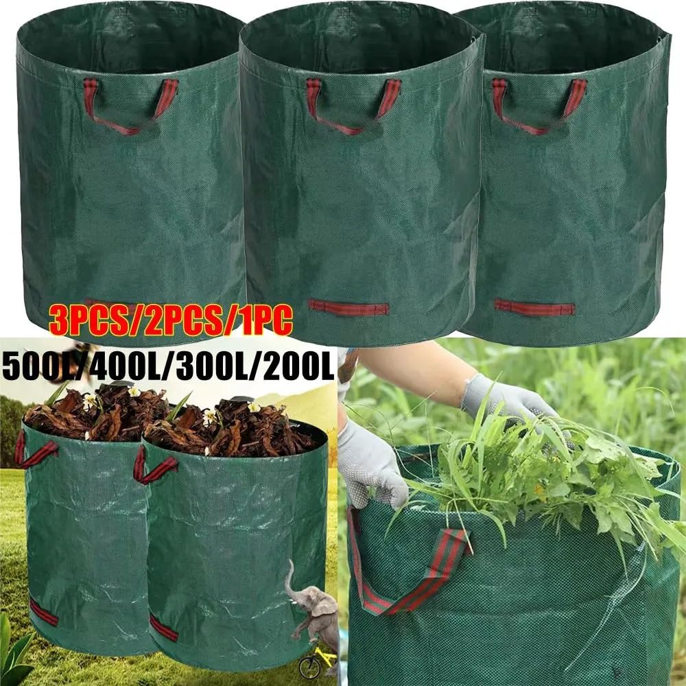 Juego de 2 bolsas de basura grandes para jardín, reutilizables, para recoger desechos de hojas de patio, para hierba, malas hierbas y hojas, 500 L de capacidad, contenedores de jardín para un