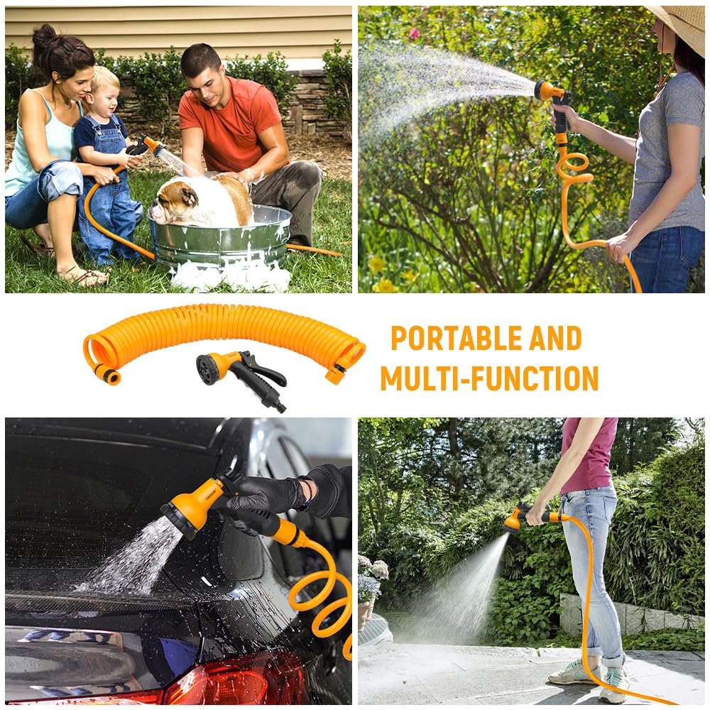 Hoteche Set di tubi per acqua da giardino, 15 m, tubo a spirale estensibile, tubo per acqua da giardino, Eva con 8 modalità per irrigazione piante, giardino e prato