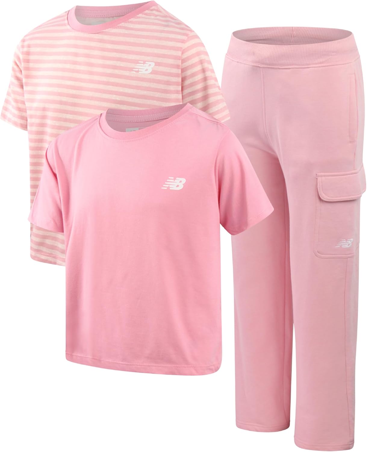 New Balance Girls' Activewear Set - 3 Piece Performance Crewneck T-Shirts and Wideleg Cargo Pants Set for Girls (7-16)