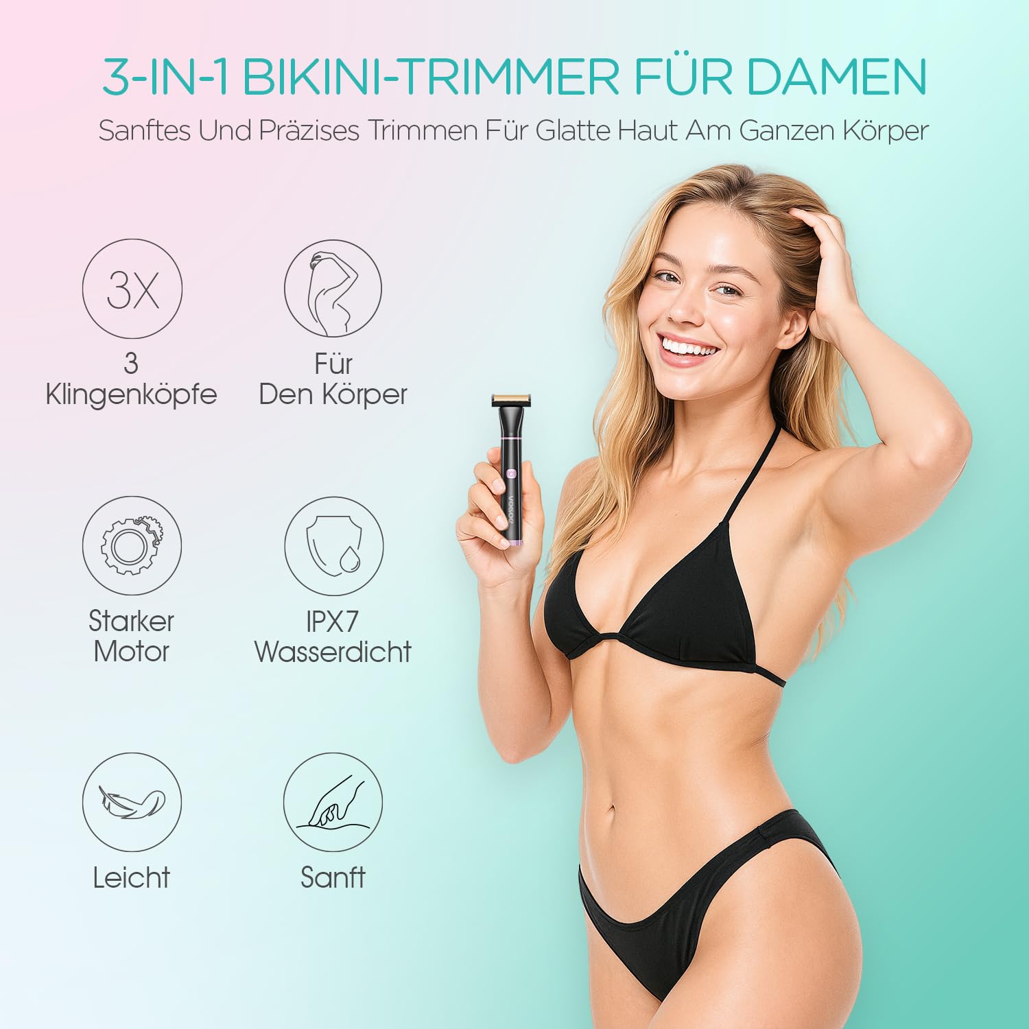 VOGOE Intimrasierer für Frauen, 3-in-1 Rasierer Damen Intimbereich für Körper, Gesicht und Bikini-Bereich, Elektrischer Rasierer Damen kabellos, kompakt und wasserdicht (Schwarz)