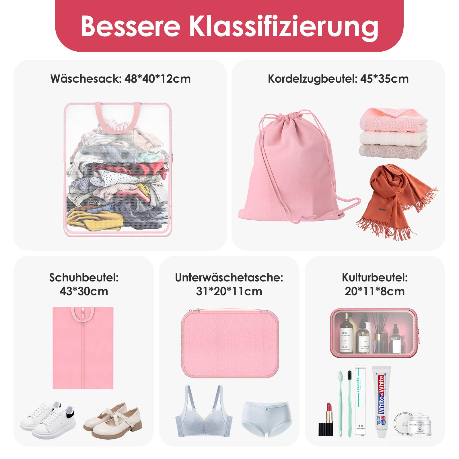 10-teilige Packing Cubes Compression Set, Kompressions-Aufbewahrungsset inkl.Wäschesack/Schuhbeutel/Unterwäschebeutel/Kordelzugbeutel/transparenter Kulturbeutel (Rosa Kompression 10 Pcs)