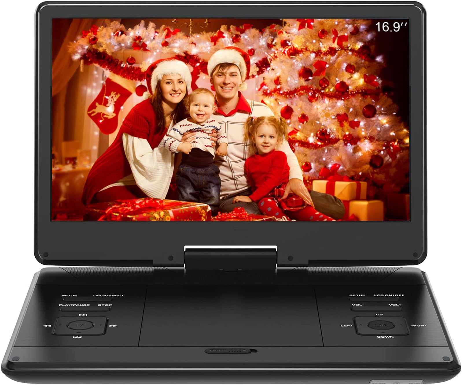 16.9" Portable DVD Player with 14.1" Large HD Screen,High Volume Speaker,4-6 Hours Built-in Rechargeable Battery,Support USB/SD Card/Sync TV and Multiple Disc Formats,Region Free,Remote Control,Black