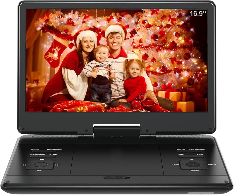Reproductor de DVD portátil de 16,9" con pantalla HD grande de 14,1", parlante de alto volumen, batería recargable incorporada de 4 a 6 horas, compatible con USB/tarjeta SD/TV de sincronización y múltiples formatos de disco, sin región, control remoto, negro