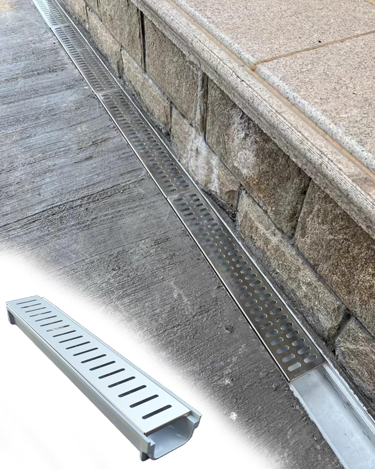 Grille d'évacuation d'eau de pluie pour terrasses et jardins en acier inoxydable avec base robuste
