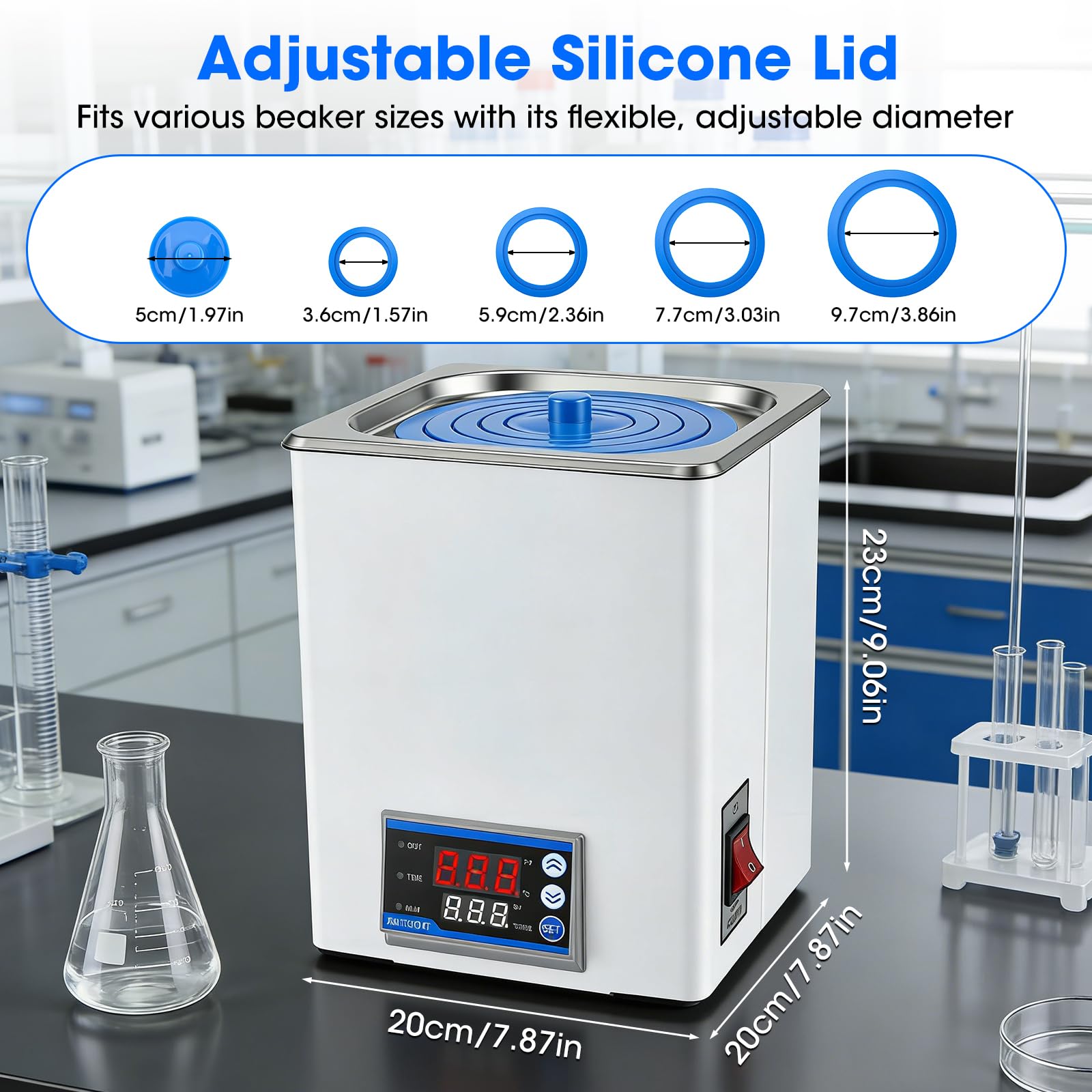 Digitales Labor Wasserbad 3,5L, 300W, Edelstahl Präzises Thermostat ±0,1°C & Timer, LED Display, Trockengehschutz, ideal für Labor & Forschung