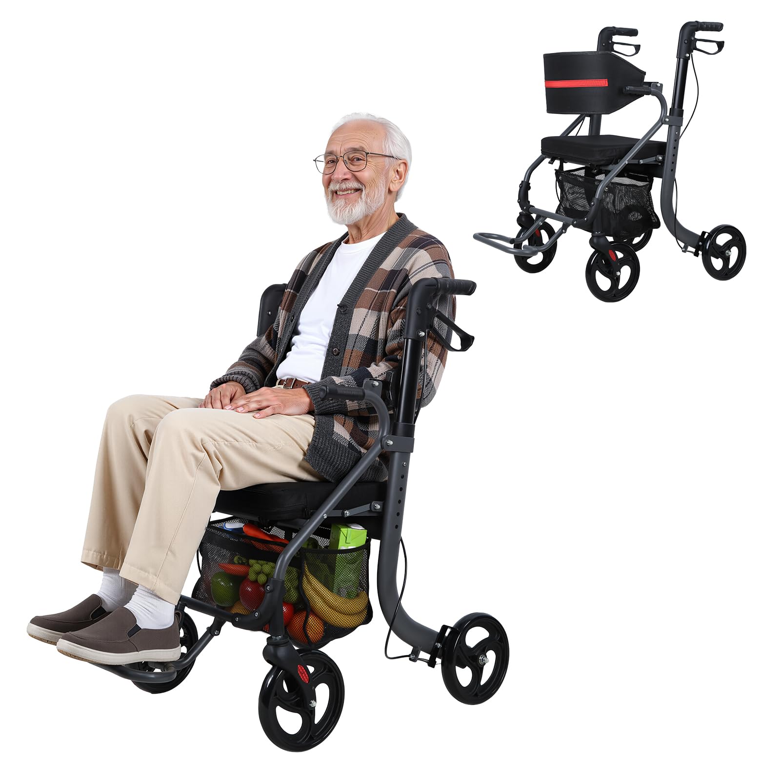 Składany chodzik dla seniorów, chodzik Walker z siedziskiem, torbą do przechowywania i gumowymi kółkami 8", nośność 100 kg, lekki chodzik dla seniorów (czarny)