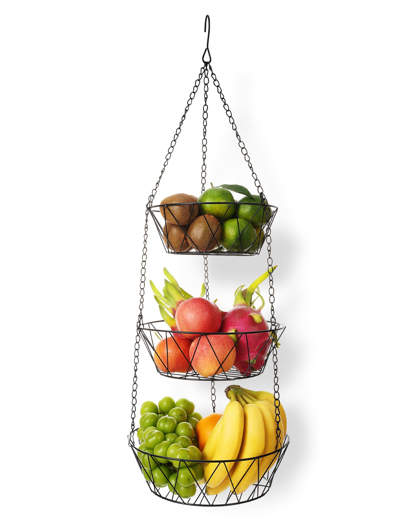 Home Bay Fruit Hub Hängender Obstkorb für die Küche, 3-stöckige abnehmbare Draht-Etagere, Obst- und Gemüseaufbewahrung, Wandmontage, Schwarz, Rund, unabhängig nutzbar