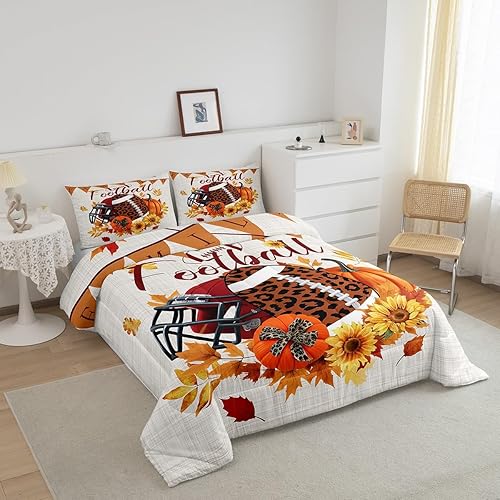 Miniatura 2 de TYTS8656ZMD-BZ_USq - Juego de edredón de fútbol americano, diseño de girasoles de calabaza otoñal, tamaño Queen, juegos deportivos de dibujos