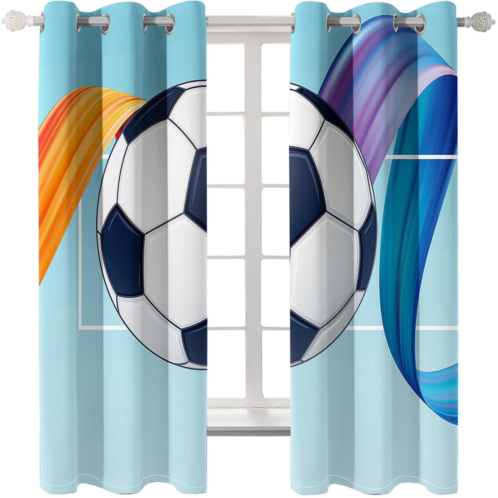Exquisite Schlafzimmervorhänge mit Ösen, Blaue Fußball-Kunstbänder, 280 x 300 cm, Akustik-Verdunkelungsvorhänge, 3D-Druckvorhänge, Blickdichte Perforierte Vorhänge, Vorhänge für Wohnzimmer, Schlafzimm