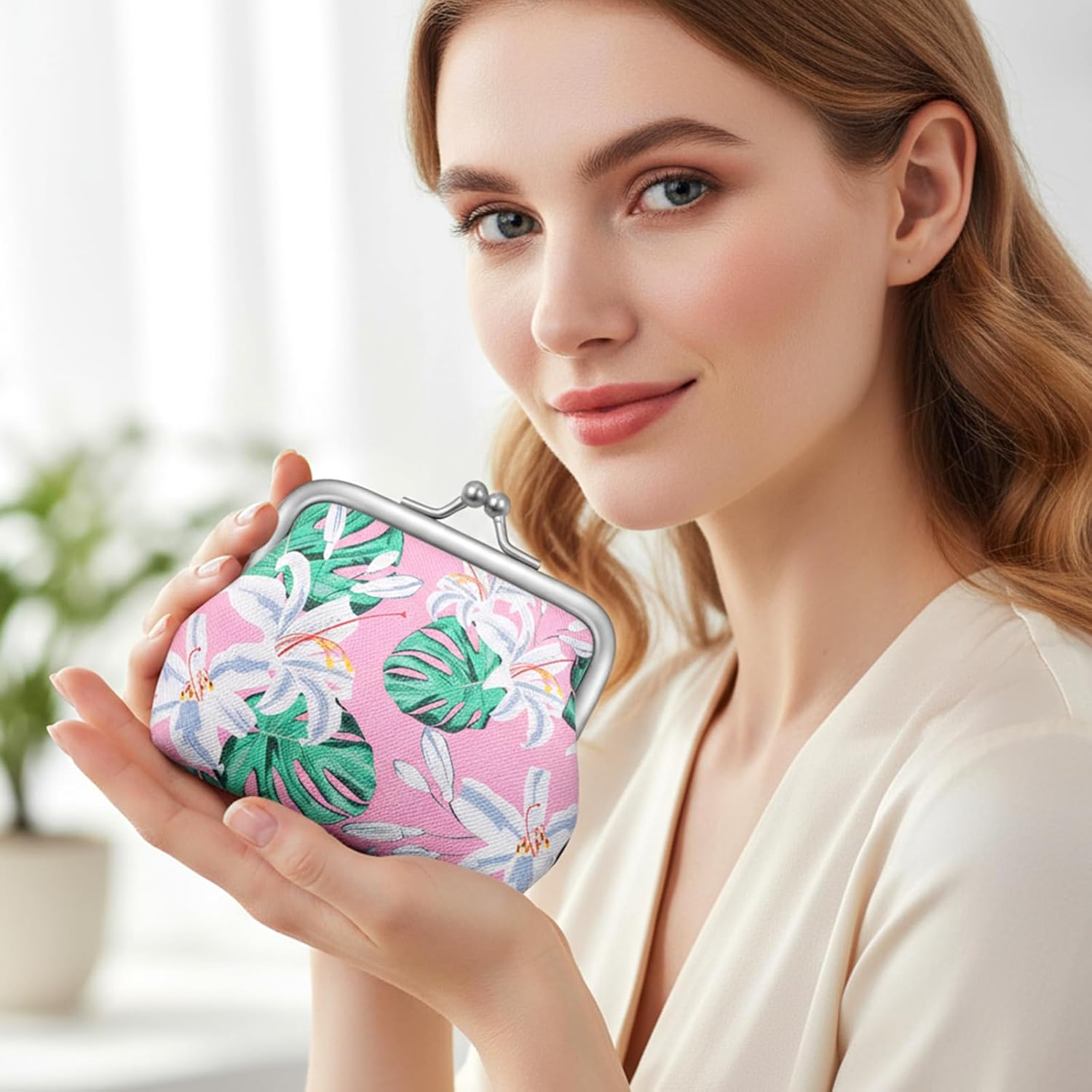 20 Packs Floral Women Coin Purse Small Vintage Coin Purses Pouches Cute Canvas Change Wallets for Women Kiss Lock Pouch Japanese Flower Change Wallets