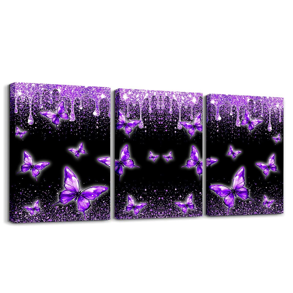 Loussiesd Glitter (No Glitter) Bathroom Wall Art for Home Decor 40X30cm Stylish Butterfly 3 Piece Canvas Wall Art for Living Room Bedroom Animals Office Wall Decor Artwork Posters Silver Purple