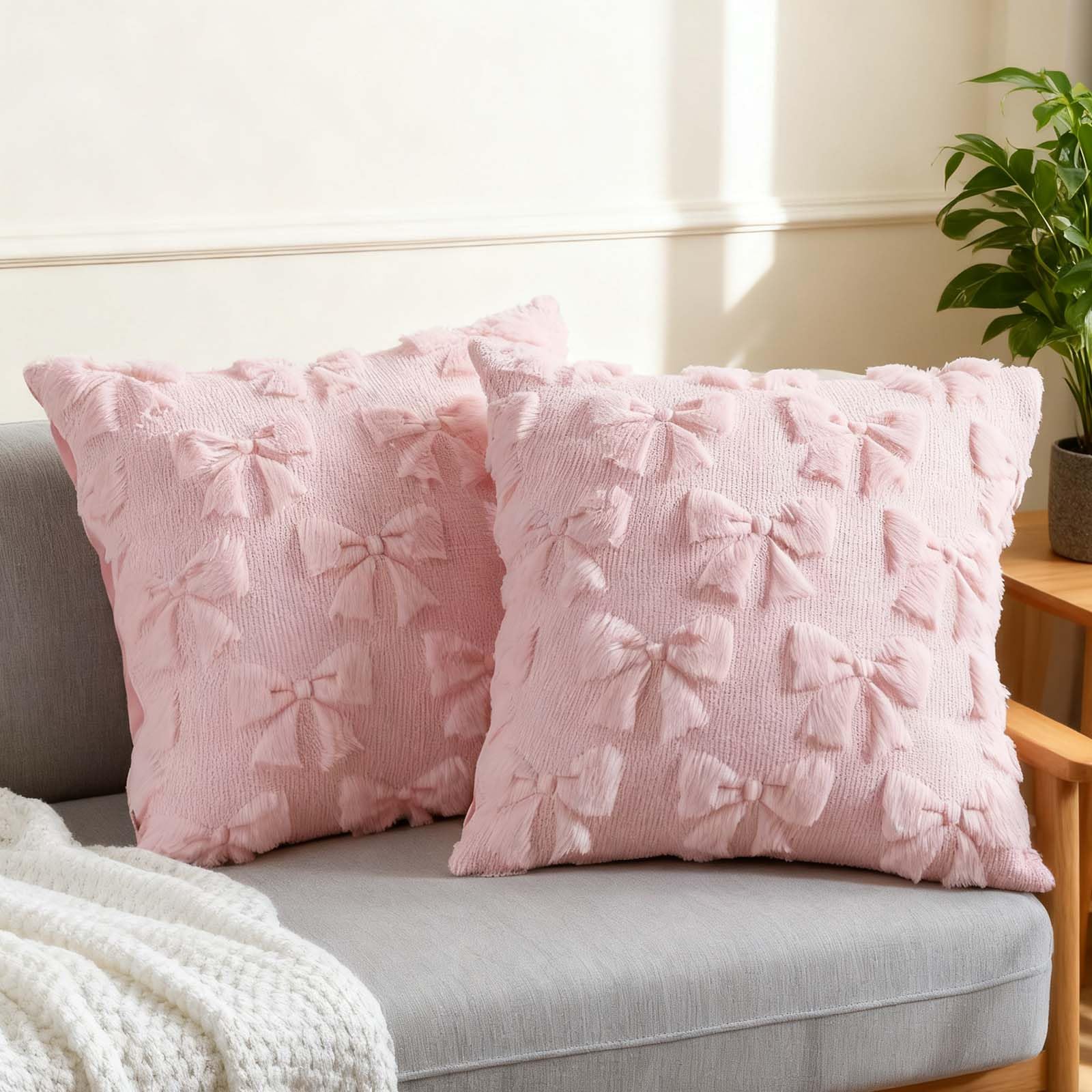 IAndhy 2 Pcs Pink Cushion Covers, Soft Artificial Fur Sofa Pillow With Bow Design, Suitable For Valentine's Day Decoration Of Bed And Sofa, Plush Aesthetic Cushion Cover