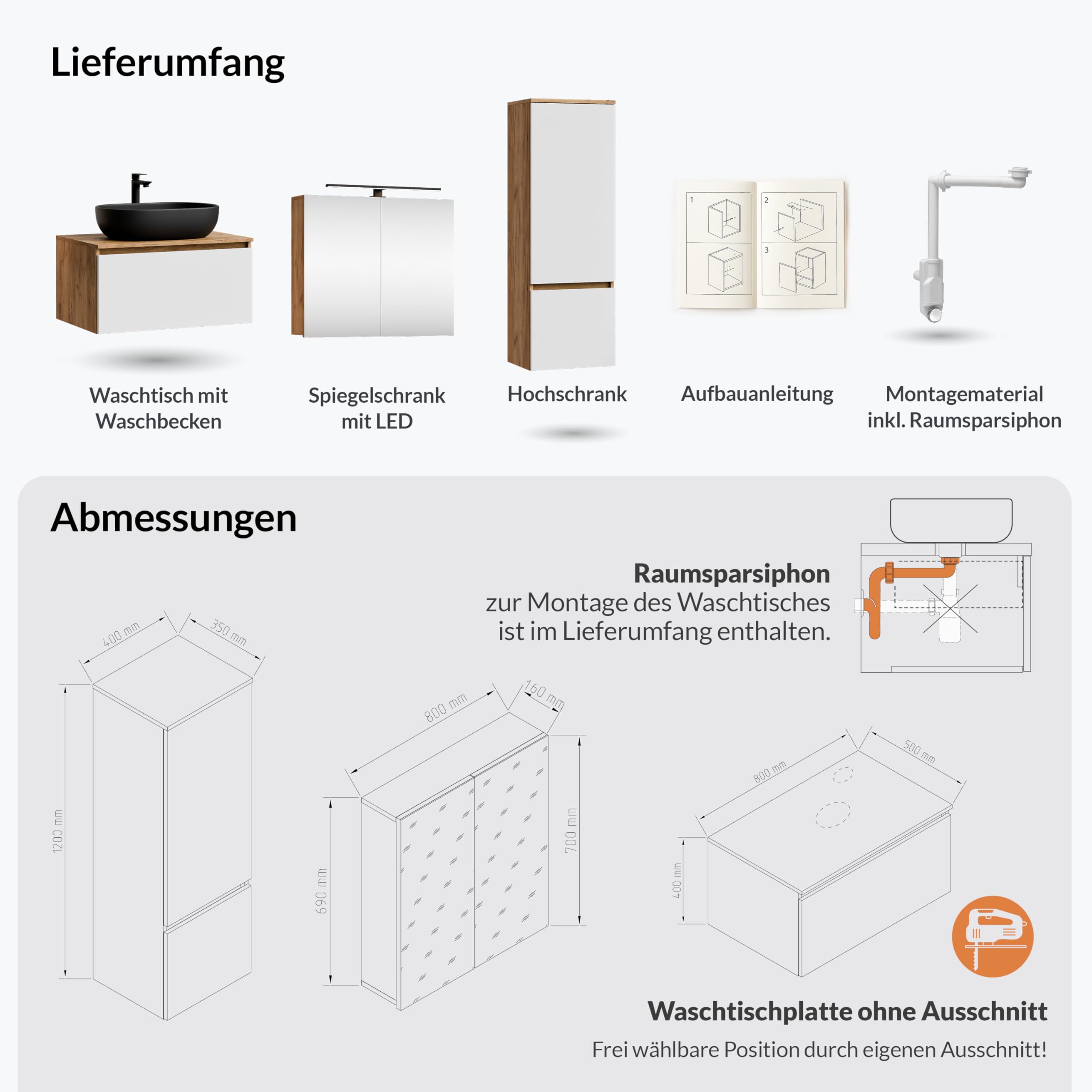 Planetmöbel Arisa Badmöbel Set Waschtisch mit Unterschrank 80 cm Gold Eiche weiß mit ARIA Spiegelschrank und Hochschrank, Waschbecken 60 cm schwarz, inkl. Raumsparsiphon