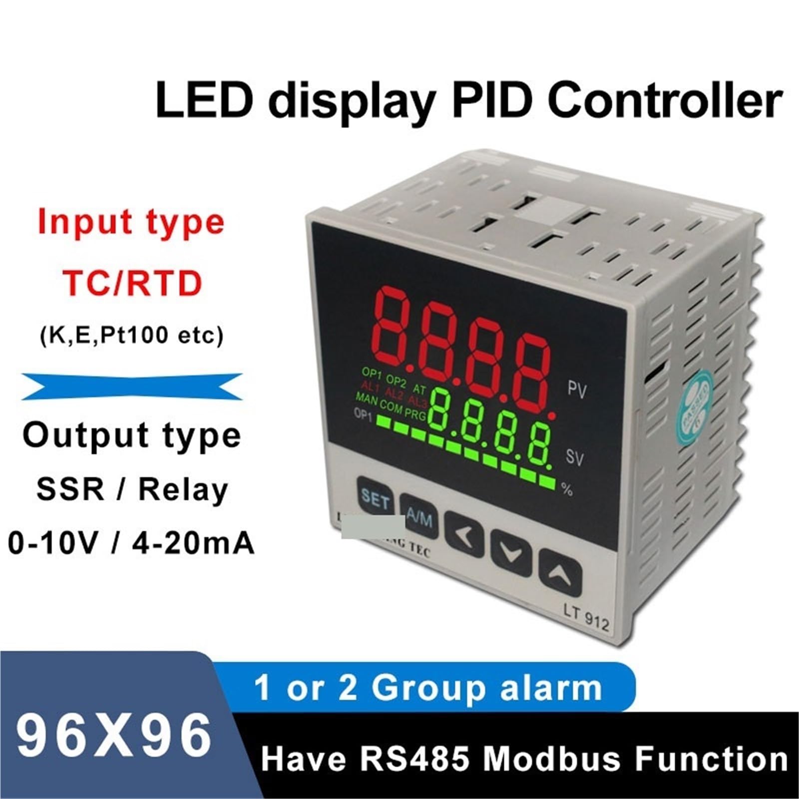Controlador de Temperatura PID, Entrada TC/RTD, 4-20MA, 0-10V, Salida de relé SSR, regulador PID, termómetro Digital LED 96 * 96 LT912(0-10V out 2Alarms)