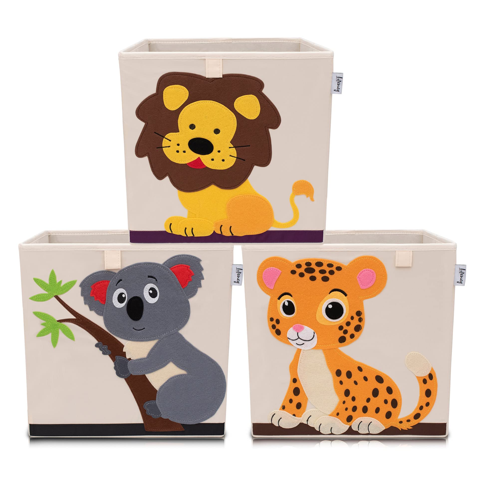 Aufbewahrungsbox im 3er Set Koala, Löwe und Tiger I Dreierpack Spielzeugbox mit Tiermotiv passend für Würfelregale I Ordnungsbox für das Kinderzimmer I Aufbewahrungskorb Kinder