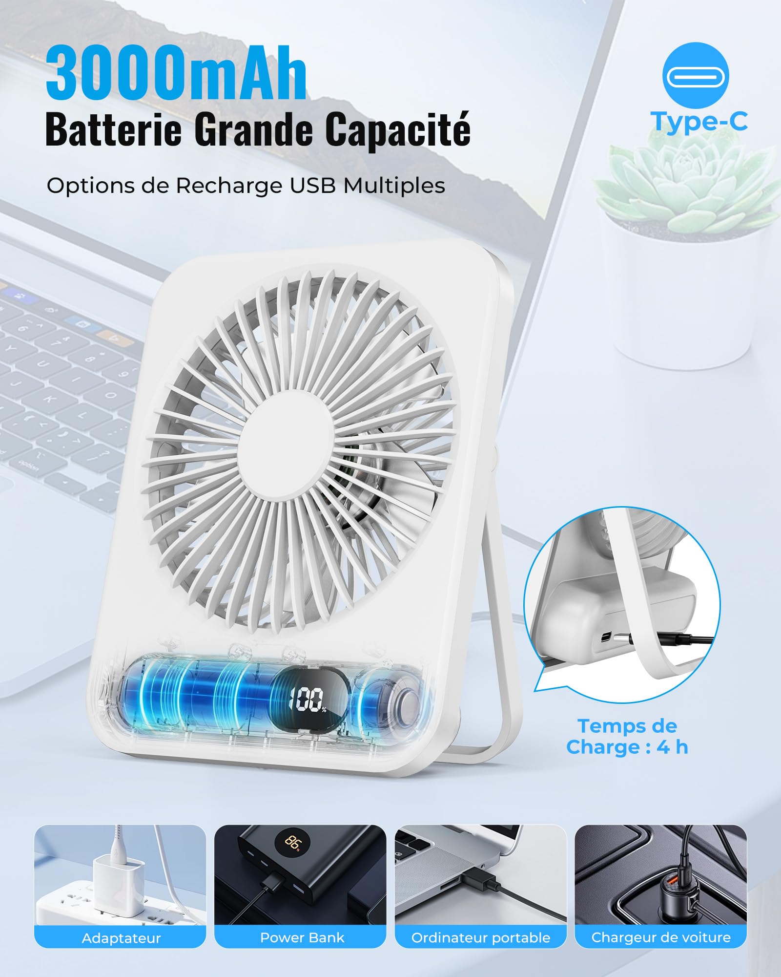 Ventilateur de Bureau Portable - 3000mAh Ventilateur à Main/Suspendu USB,5 Vitesses,Jusqu'à 8h,Angle Réglable à 180°,Faible Bruit,Affichage LED,Fan Sans Fil Rechargeable pour Maison Bureau Extérieur - 4