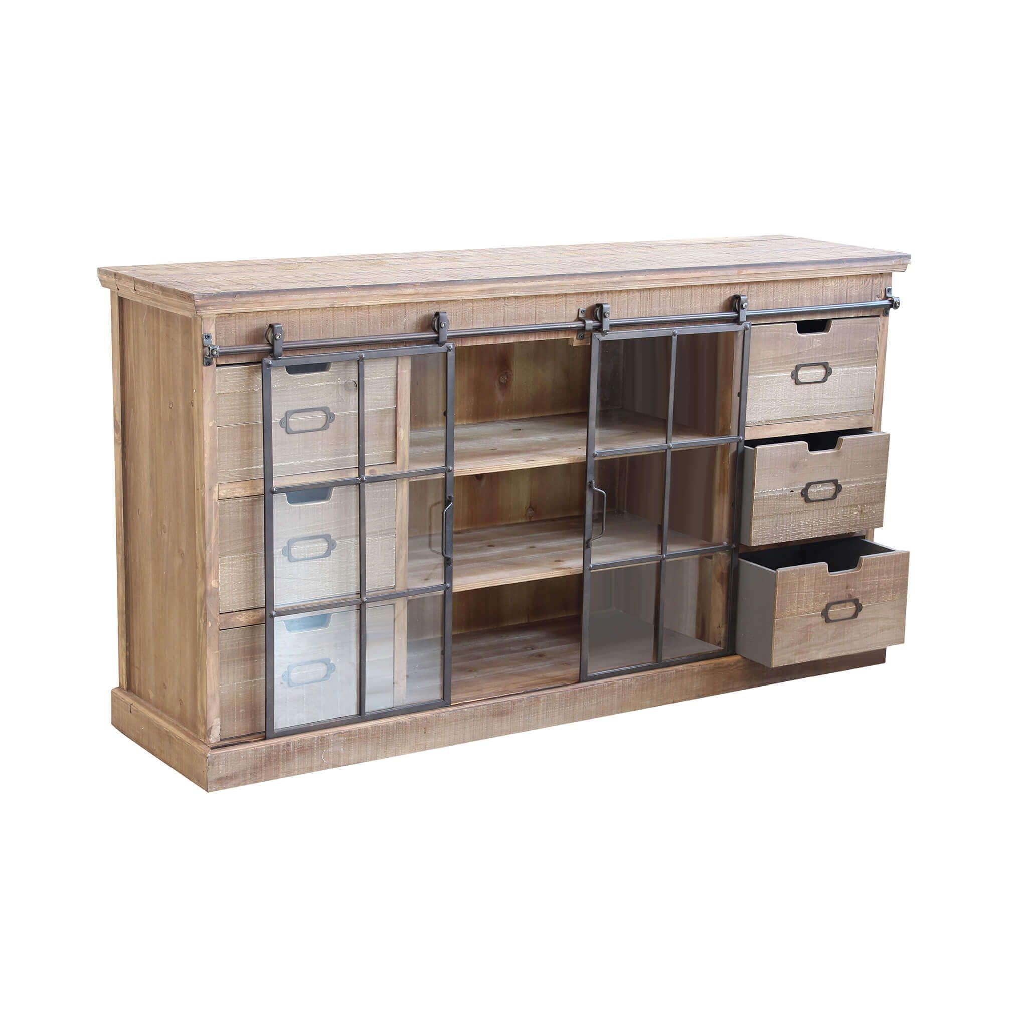 Madia Credenza Design Industrial DENNIS, Legno Abete E Metallo, 4 Cassetti E 2 Ante, 128x38x79 Cm, Colore Marrone