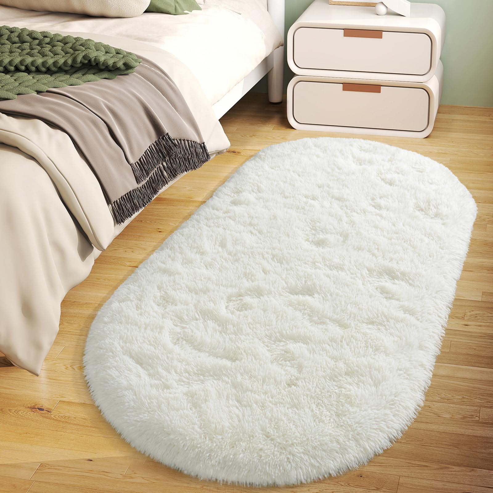Soft Fluffy Area Rug for Bedroom, Cream White Fuzzy Shaggy Oval Throw Rugs for Bedside, Non-Slip Cozy Plush Shag Carpet for Kids Room Nursery Dorm