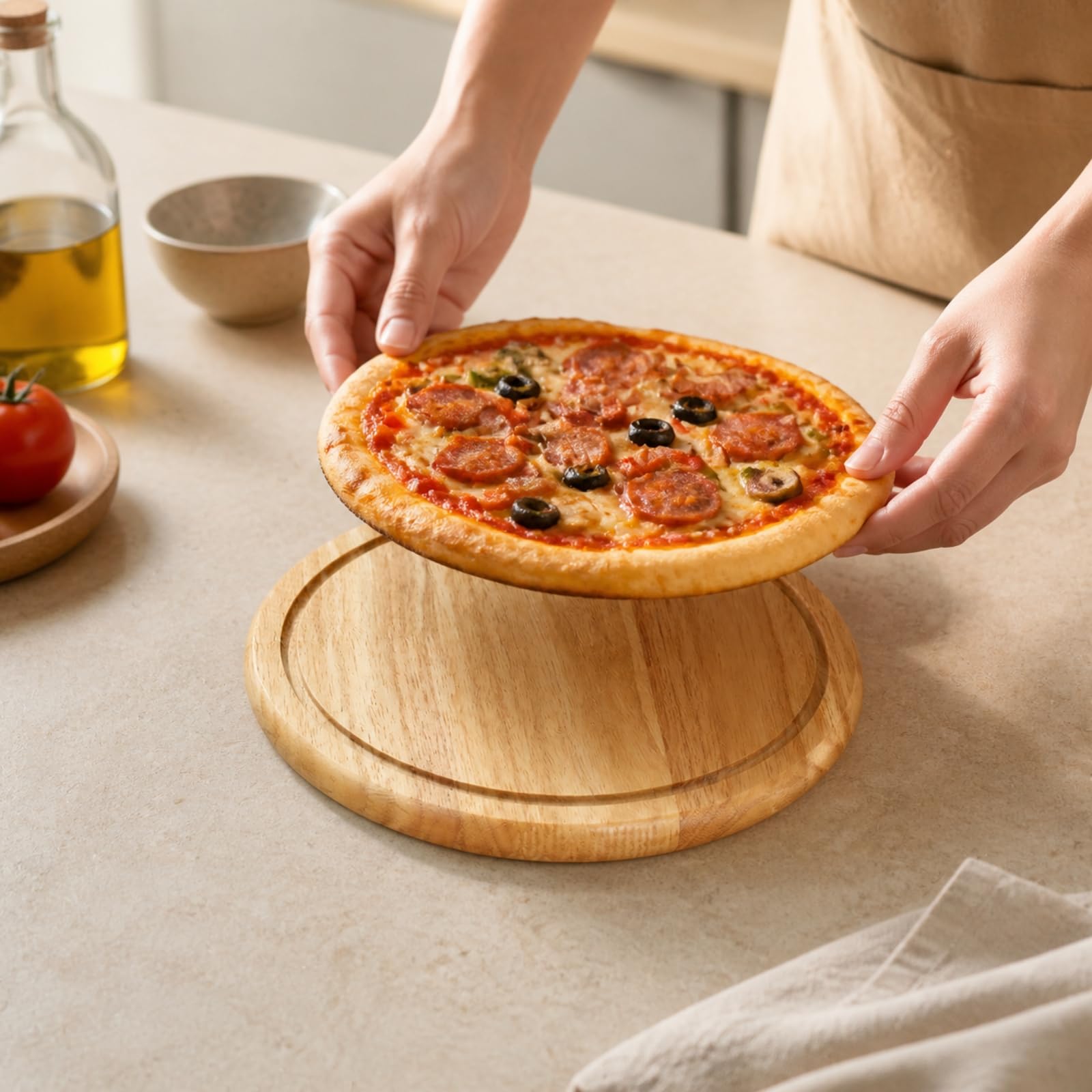 Planche à Pizza Ronde En Chêne Solide Planche à Pizza Épaisseur 2 Cm Support Présentation Hors-D'œuvre pr Restaurateurs, Cuisine, 12 Pouces, Plat