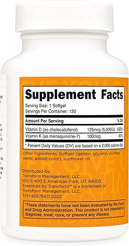Miniatura 3 de TransformHQ Vitamina K2 MK7 100 mcg  vitamina D3 5000 UI 120 cápsulas blandas sin gluten y sin OMG