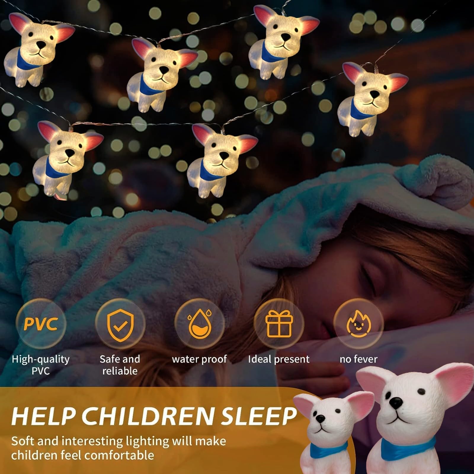 Cadena de luces de 1,65 m, funciona con pilas, con función de temporizador, 10 LED, luz nocturna, cadena de luces para niños, dormitorio, Navidad, Halloween, cumpleaños, decoración (perro