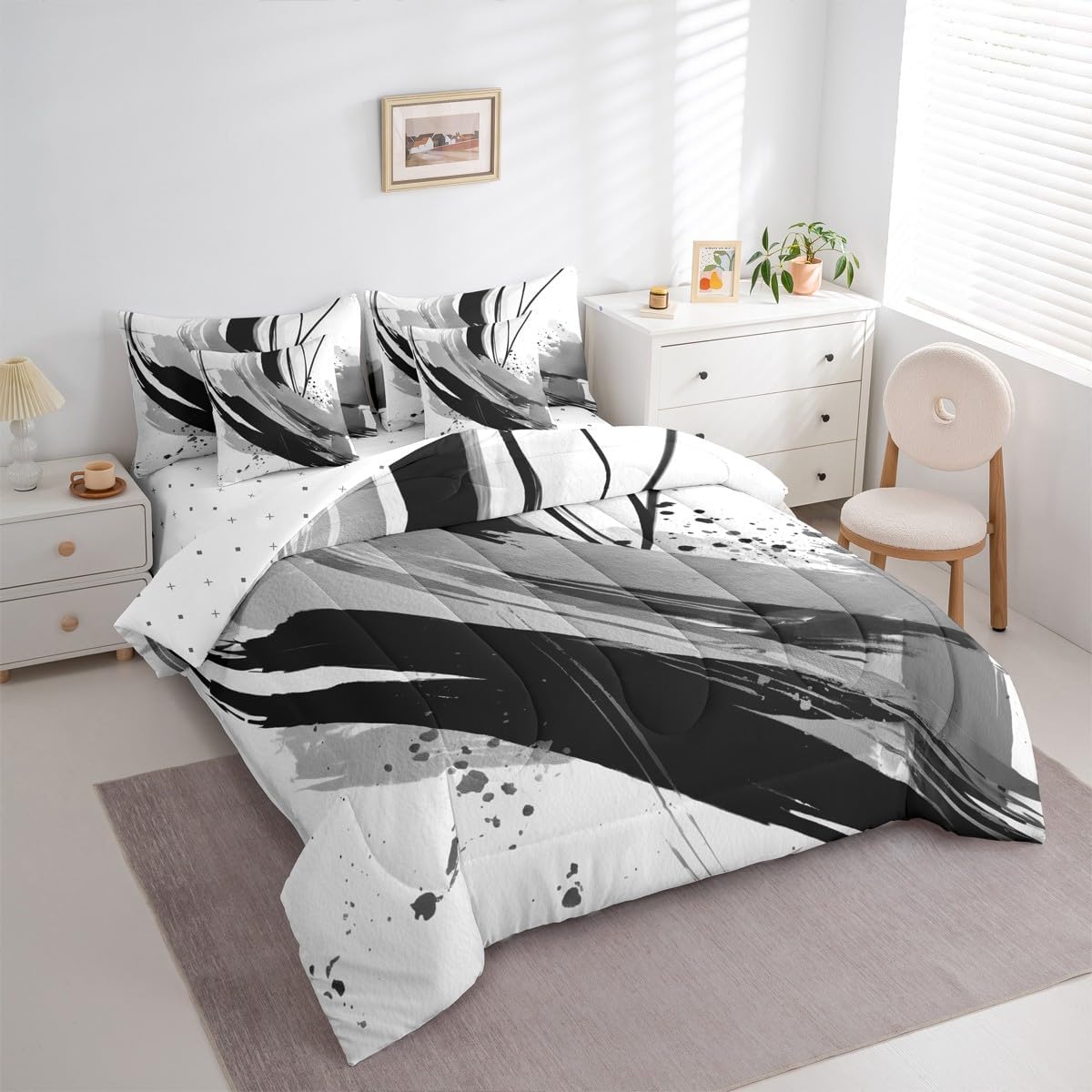 Erosebridal Black and Grey Comforter Sets with Sheets Twin - Geometric Decorative Abstract Bedding Modern Striped Bed Set for Boys Adults Girls Minimalists Graffiti Aesthetic Lines Comforter 7 Pieces