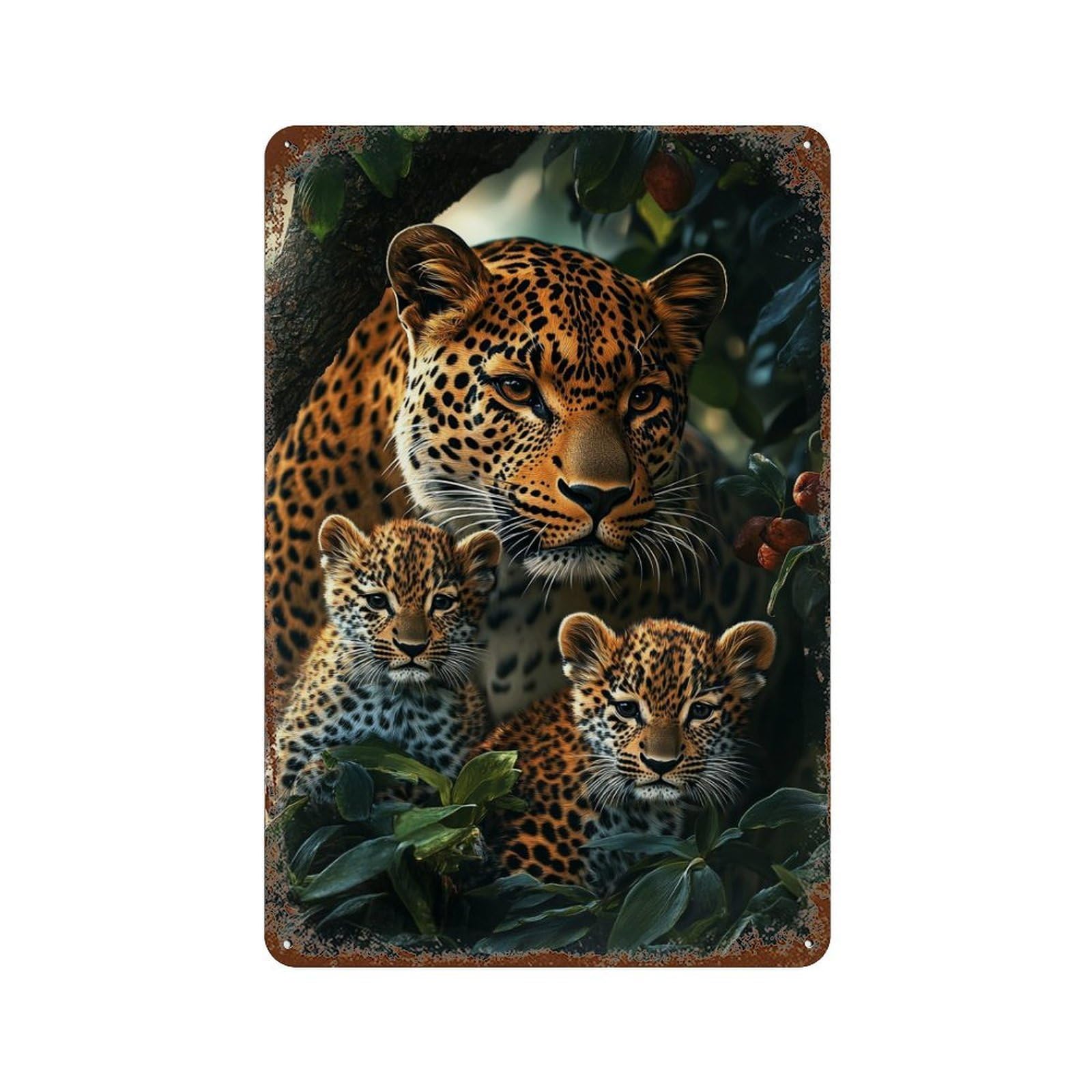 Garage Style Leopard Family in Amazon Rainforest-1 Weathered Tin Sign 11.8"x7.9", Shabby Chic Decor for Bar And Workshop