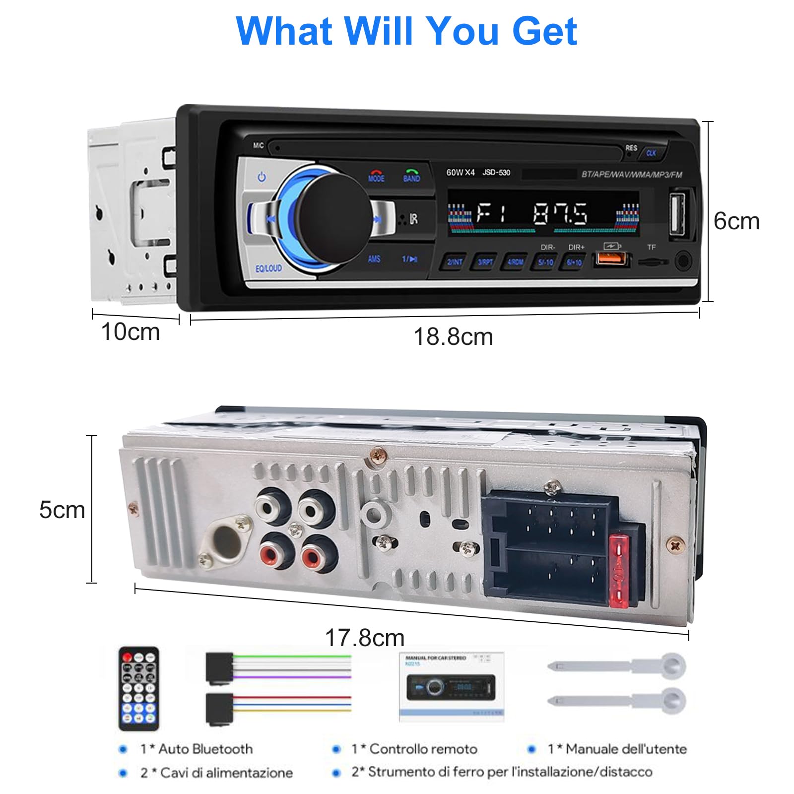 Autoradio Bluetooth 5.0, 4x60W 1 Din FM Auto Radio mit Freisprechfunktion, Stereo-Sound mit Uhr/Fernbedienung/Doppel-USB/LCD Bildschirm Unterstützt 2 USB/AUX/SD/TF/EQ/DSP